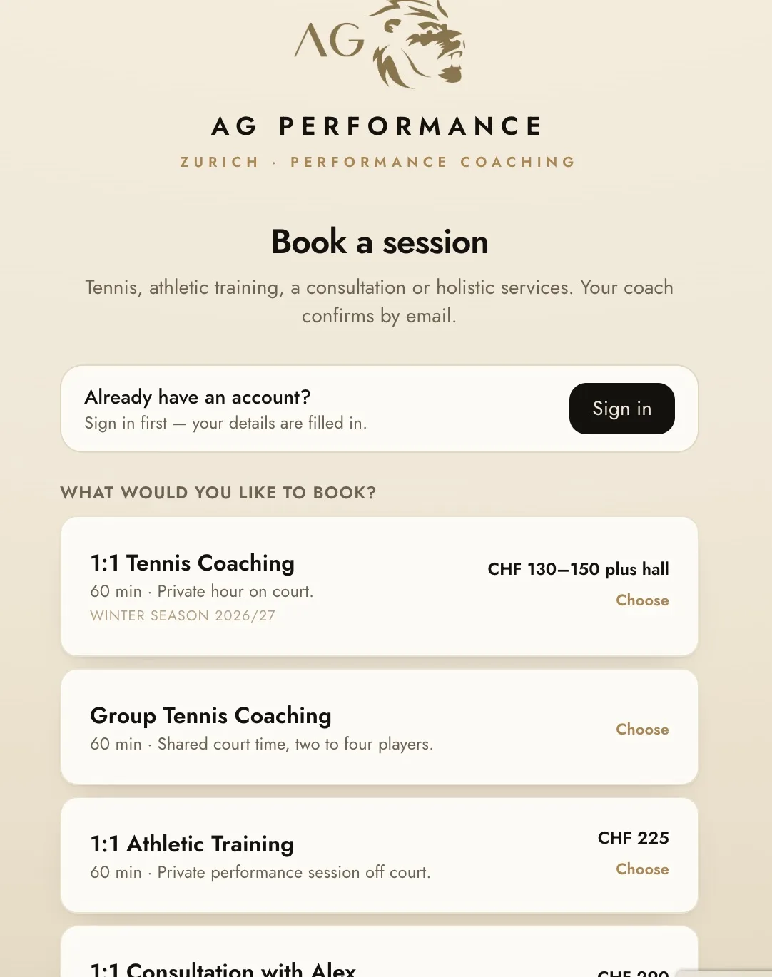 Booking screen of the AG Performance App: choose tennis, athletic training or a consultation