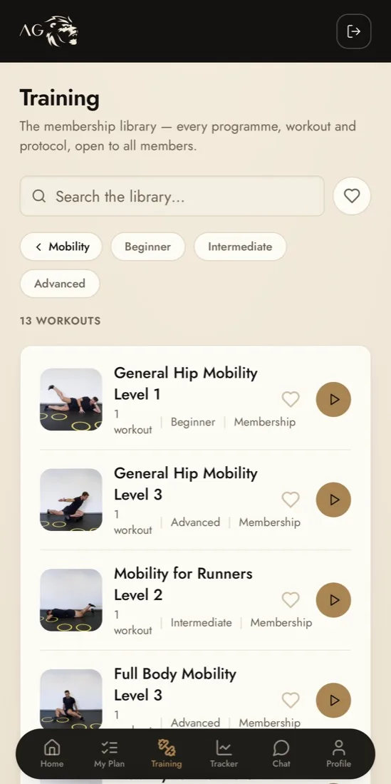 Training library in the AG Performance App: workouts by level