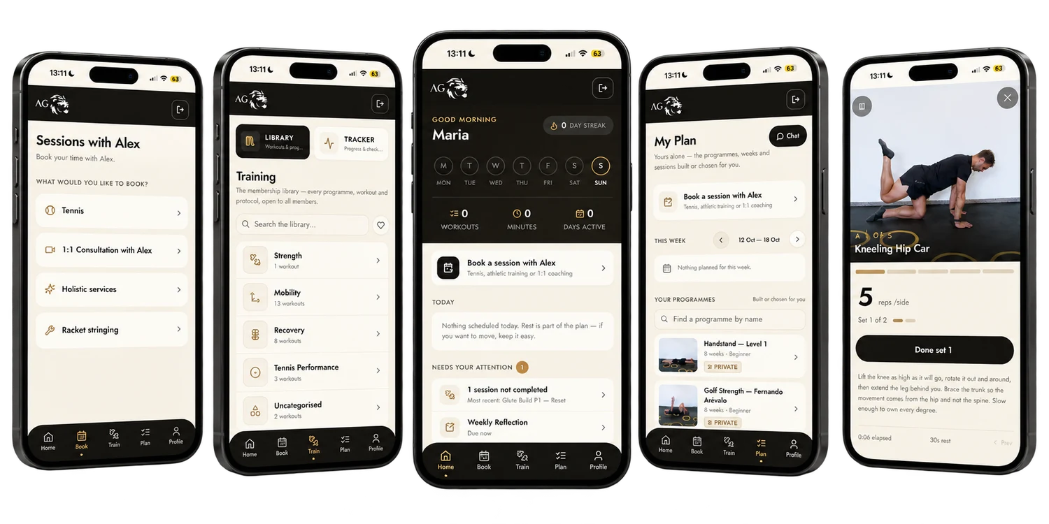 AG Performance App: booking, training library, home, plan and exercise player